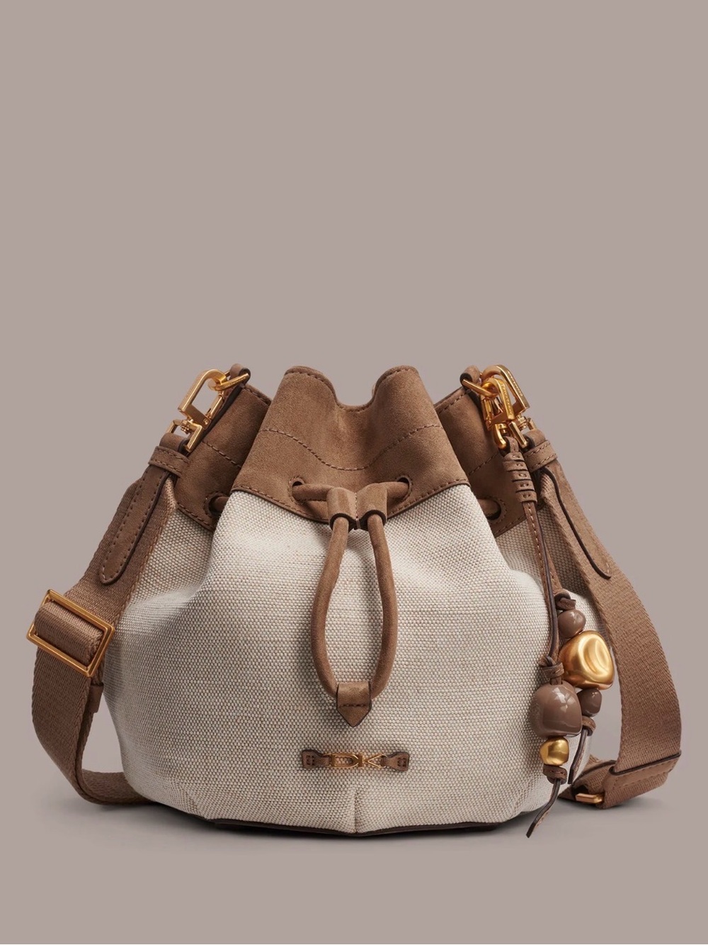 DONNA KAREN Weekend Cream Brown Canvas Shoulder Bag Crossbody Strap Bucket Bag